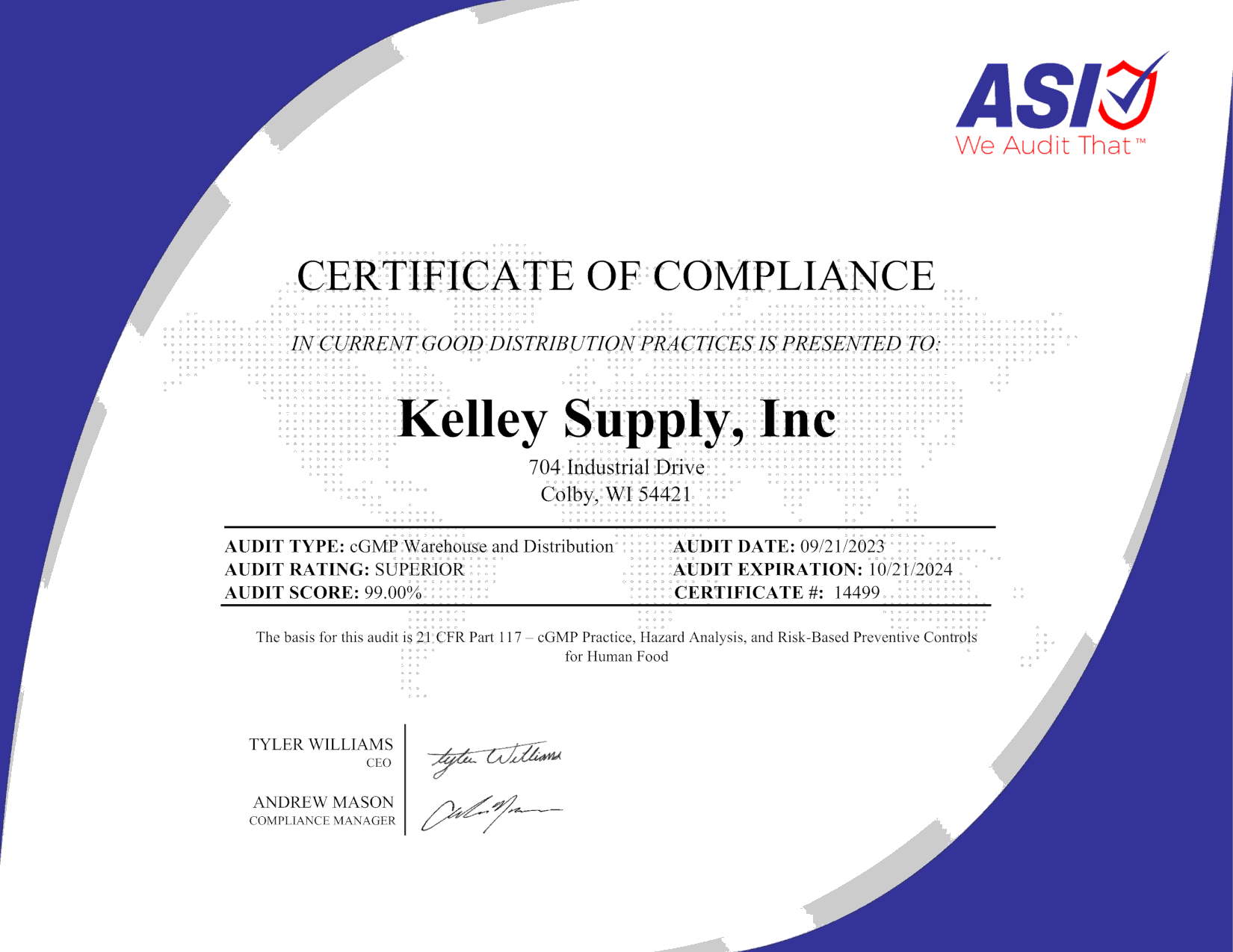 Kelley Supply, Inc. Distribution Center Audit Certificate