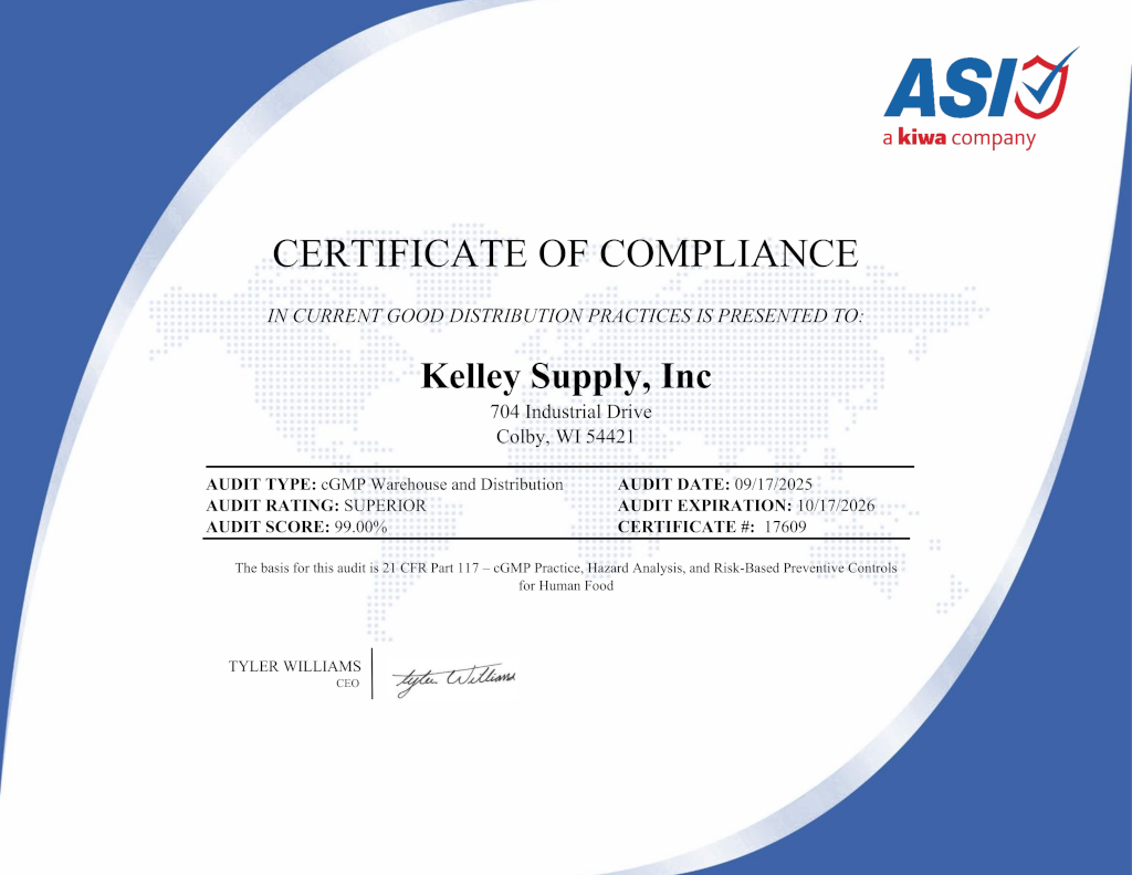 Kelley Supply Inc 2025 Certificate cGMP Warehouse and Distribution 09.17.2025